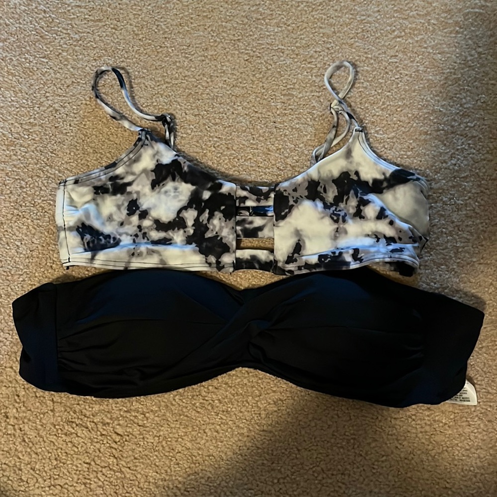 2 bathing suit tops. White/Grey: Hollister Black one: Messino